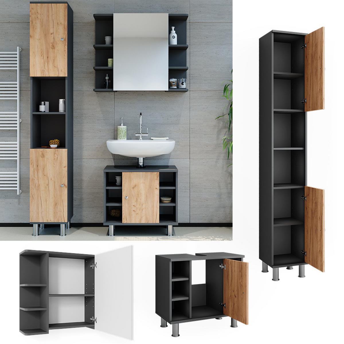 BADMÖBEL-SET Fynn Anthrazit/Goldkraft Eiche 3 Teile mit Hochschrank - Honigeiche/Anthrazit, Holzwerkstoff (60/54/32cm) - Vicco