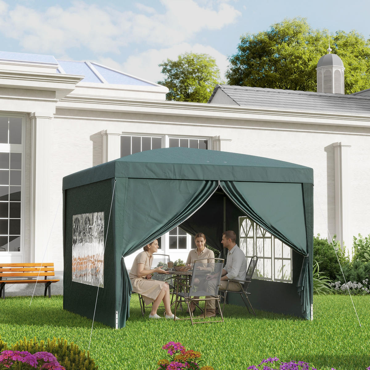 PAVILLON mit 4 Seitenwänden, Oxfordstoff, Stahl, Grün - Grün, Textil/Metall (2.95/2.58/2.95cm) - Outsunny