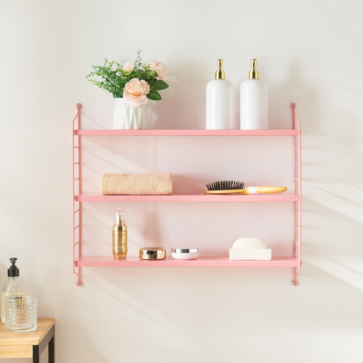 NÁSTĚNNÁ POLICE Strängnäs modular - růžová, kov (60/50/15cm) - [en.casa]