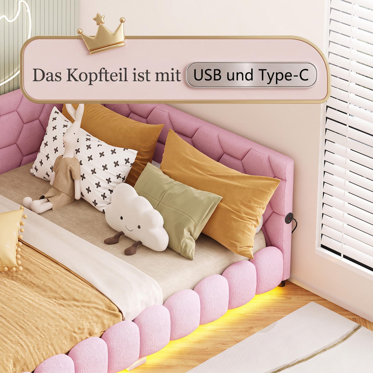 POLSTERBETT 140x200 mit USB und LED, Doppelbett 140x200 cm mit Lattenrost, Jugendbett, Samt, Rosa - Pink, Holz/Textil (140/200cm) - GENKI LIVING