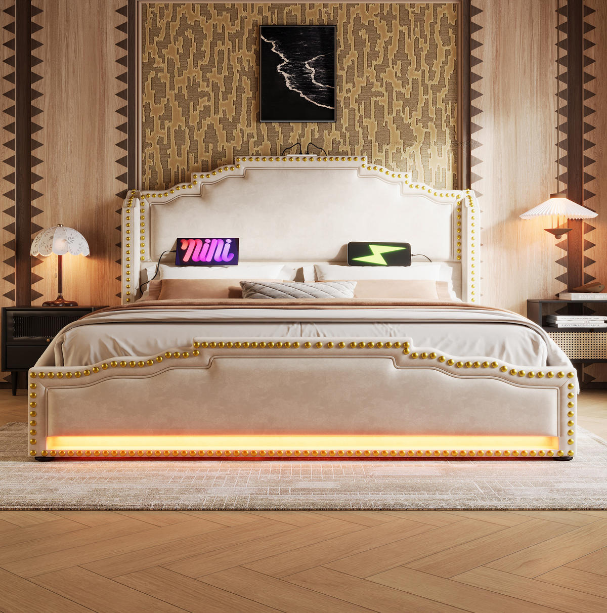 BETT mit 4 Schubladen 180x200 cm Samt Beige mit LED und USB-C - Beige, Metall (180/200cm) - Meubliv