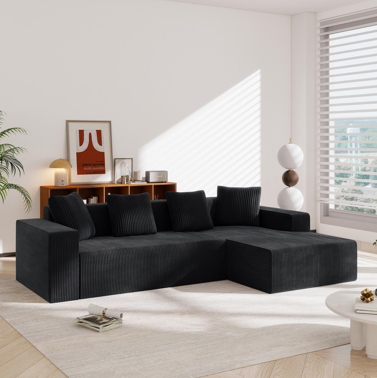 ECKSOFA aus Corduroy 261x146x65 cm in Schwarz mit modularer L-Form - Schwarz, Textil (146/261cm) - Modfu