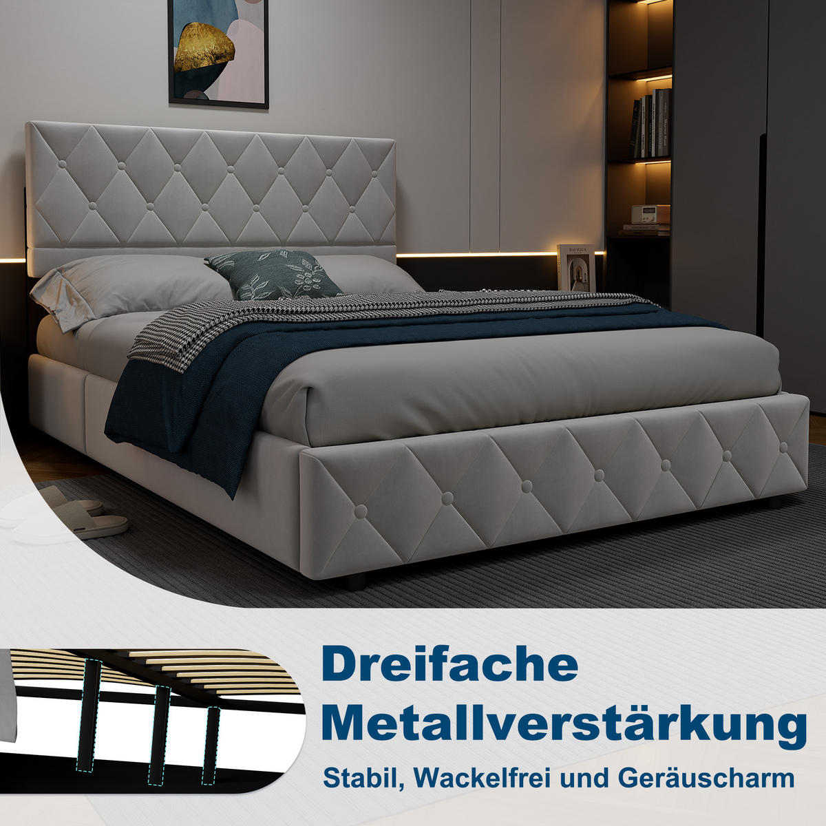 POLSTERBETT 140/200 cm in Grau Samt mit Bettkasten, hydraulischem Doppelhub-System und Lattenrost - Grau, Holzwerkstoff/Textil (140/200cm) - CHICFURN
