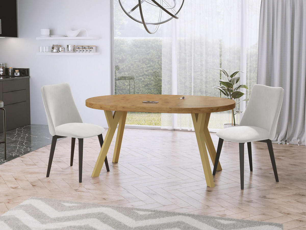 ESSTISCH Mateo runder ausziehbarer, Lancelot Eiche 100-200/100/76 cm - Eichefarben/Goldfarben, Holz/Holzwerkstoff (100/100/76cm) - WFL GROUP