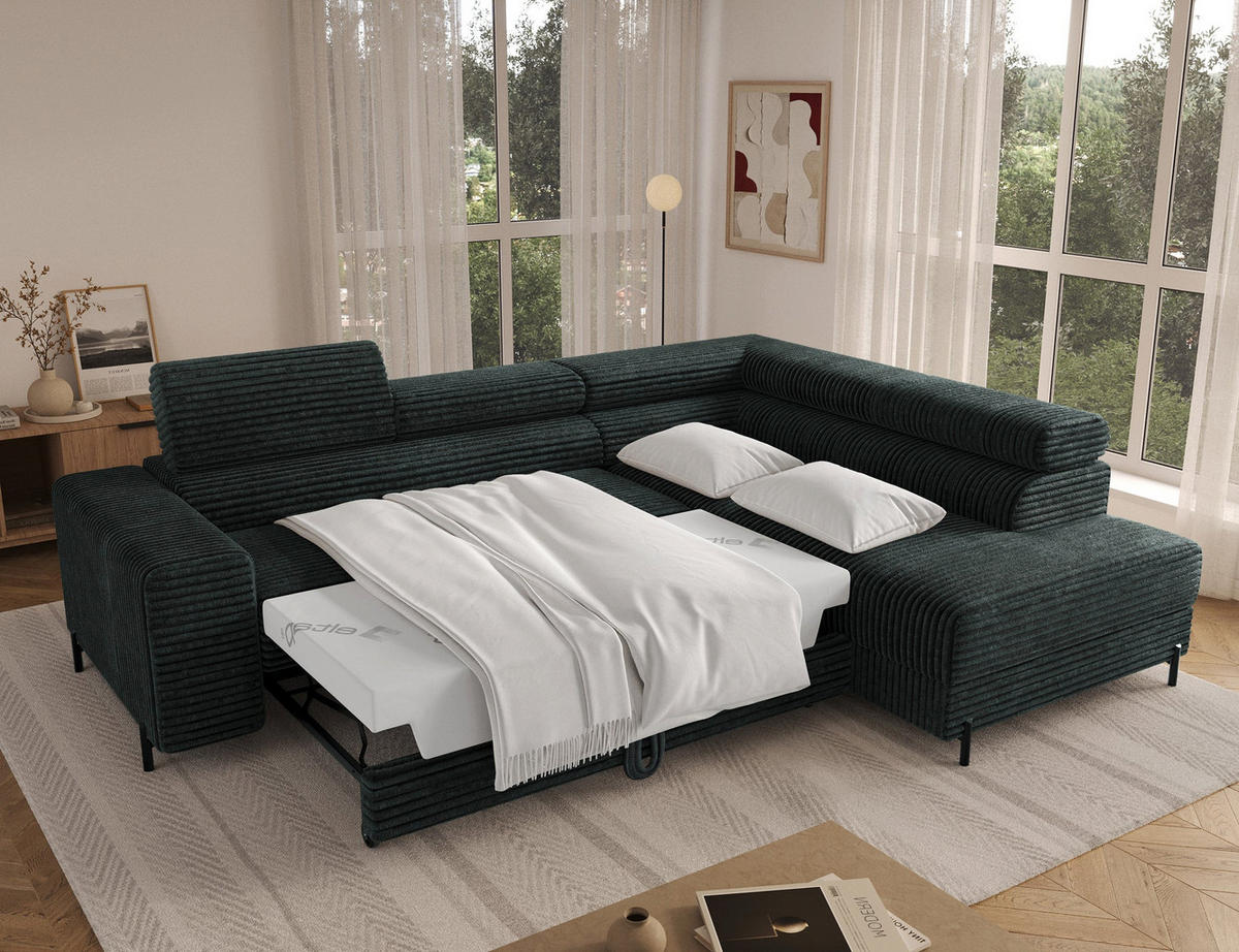 ECKSOFA COLESIO L-Form, Schlaffunktion, Bettkasten, verstellbare Kopfstützen, Wellenfederung, Metallfüße, breiter Cordstoff - Dunkelgrün/Schwarz, Kunststoff/Metall (204/269cm) - Wohnideebilder