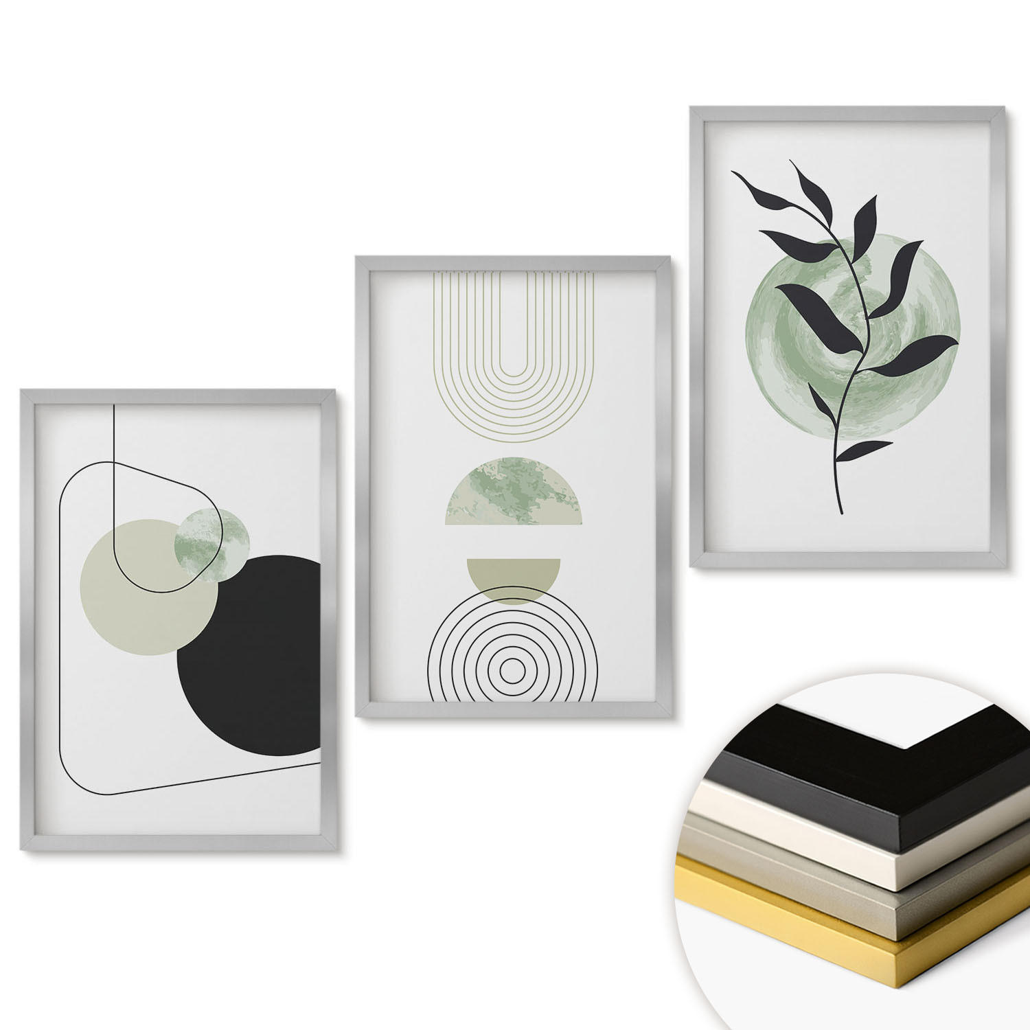 WANDBILDER 3er Set - 40x60 cm Silberner Rahmen - Abstrakte Pflanzenformen - Silberfarben, Kunststoff (40/60cm) - ArtPrintCave