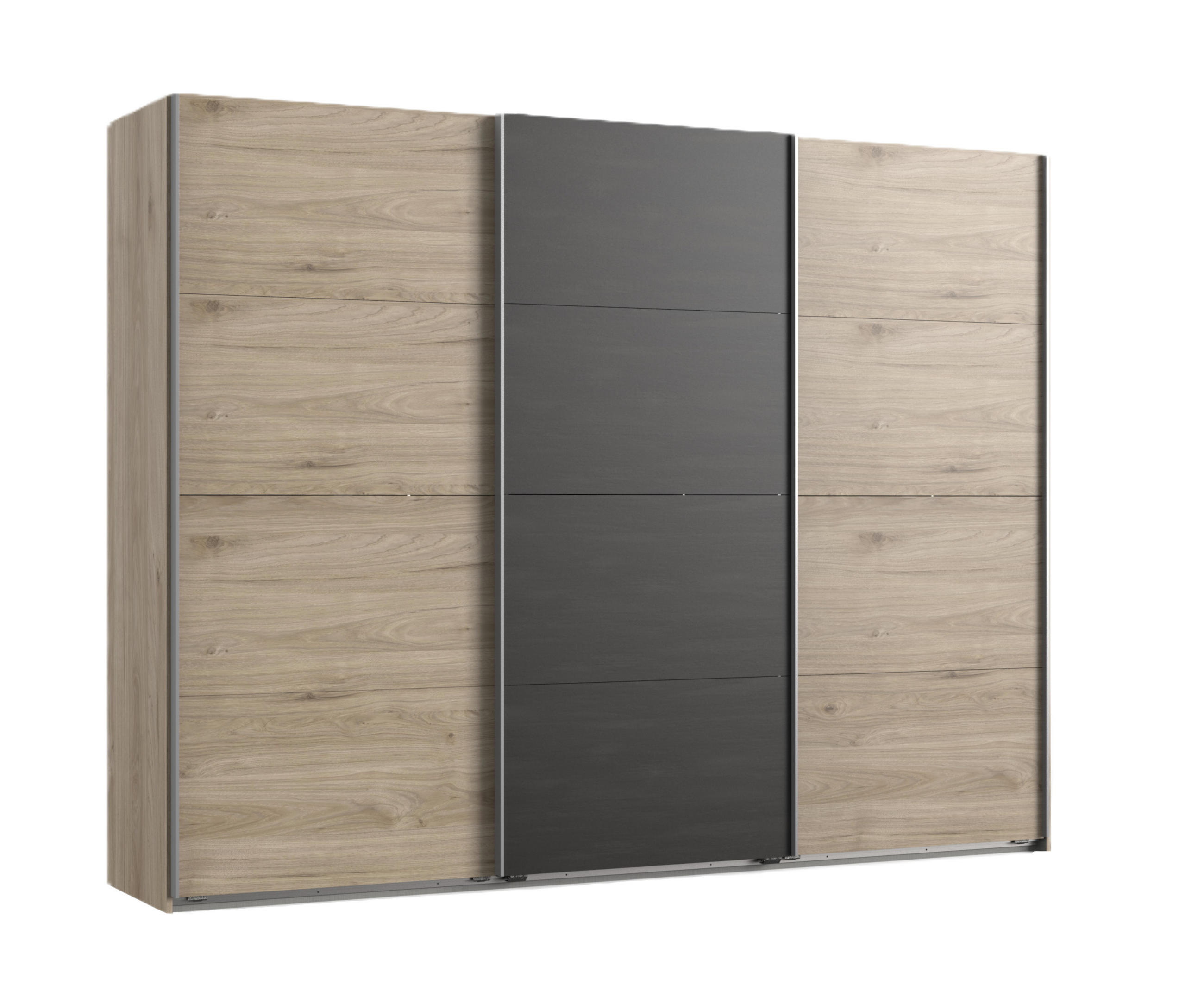 SCHWEBETÜRENSCHRANK 3-türig B270/H208/T65 cm Eichen-Dekor mit Mitteltür in grauer Stahl-Optik / 22004 - Eichefarben/Alufarben, Holzwerkstoff/Metall (270/208/65cm) - luma-home