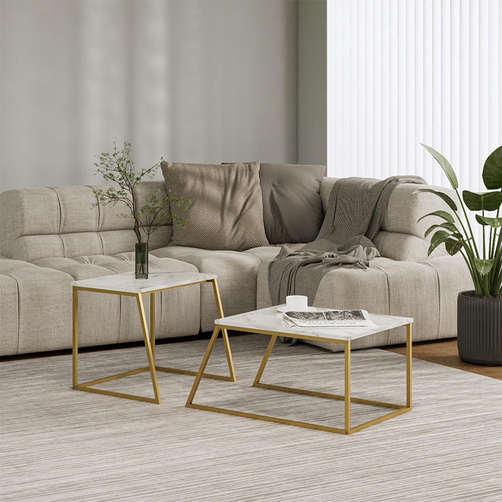 COUCHTISCH-SET Myra Marmor-Weiß/Gold 60 x 50 cm 2 Teile - Weiß Hochglanz/Goldfarben, Holzwerkstoff (50/60/38cm) - Vicco