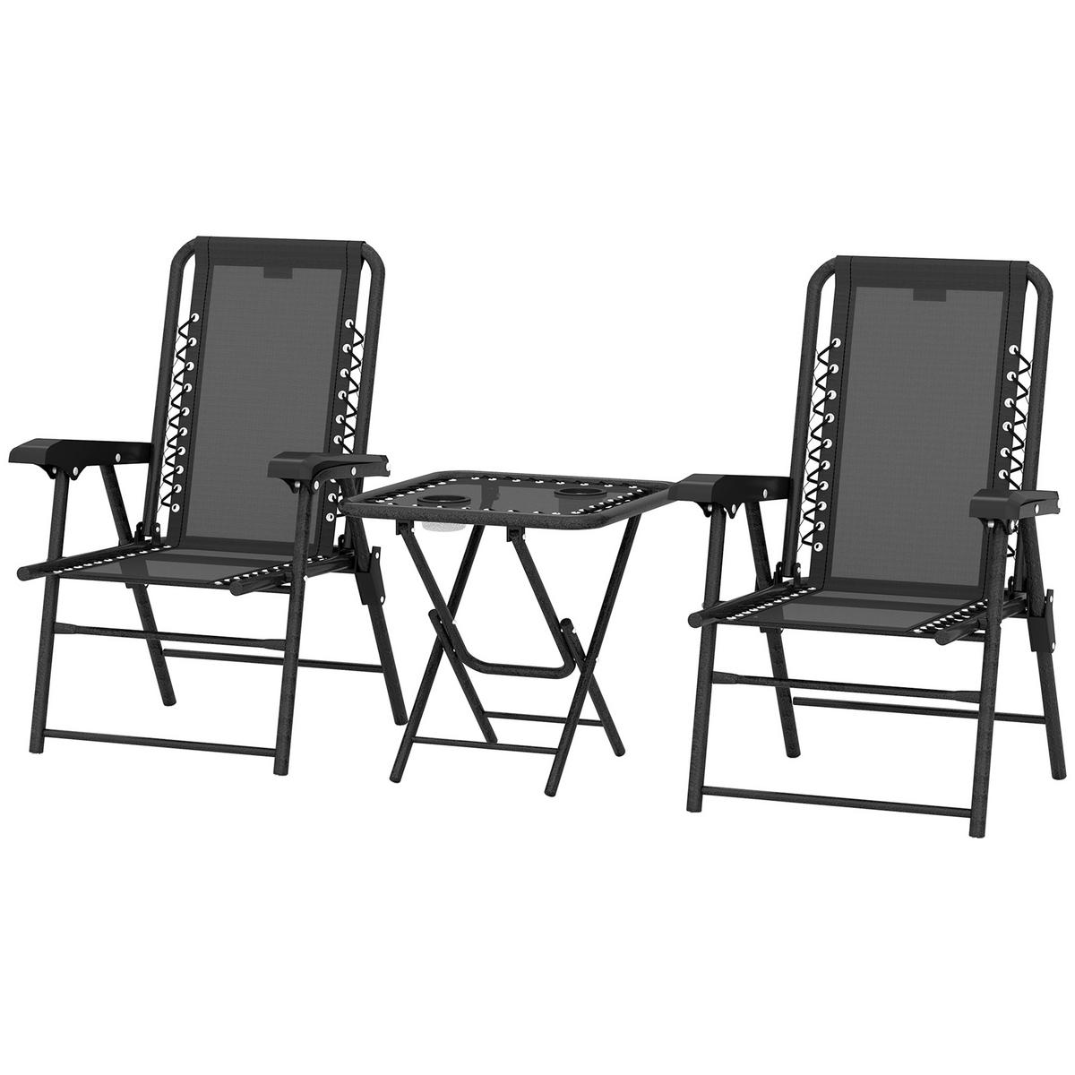 BISTRO-SET DE-07317 3-teilig, klappbar mit Becherhaltern Schwarz - Schwarz, Metall - ComfortXL
