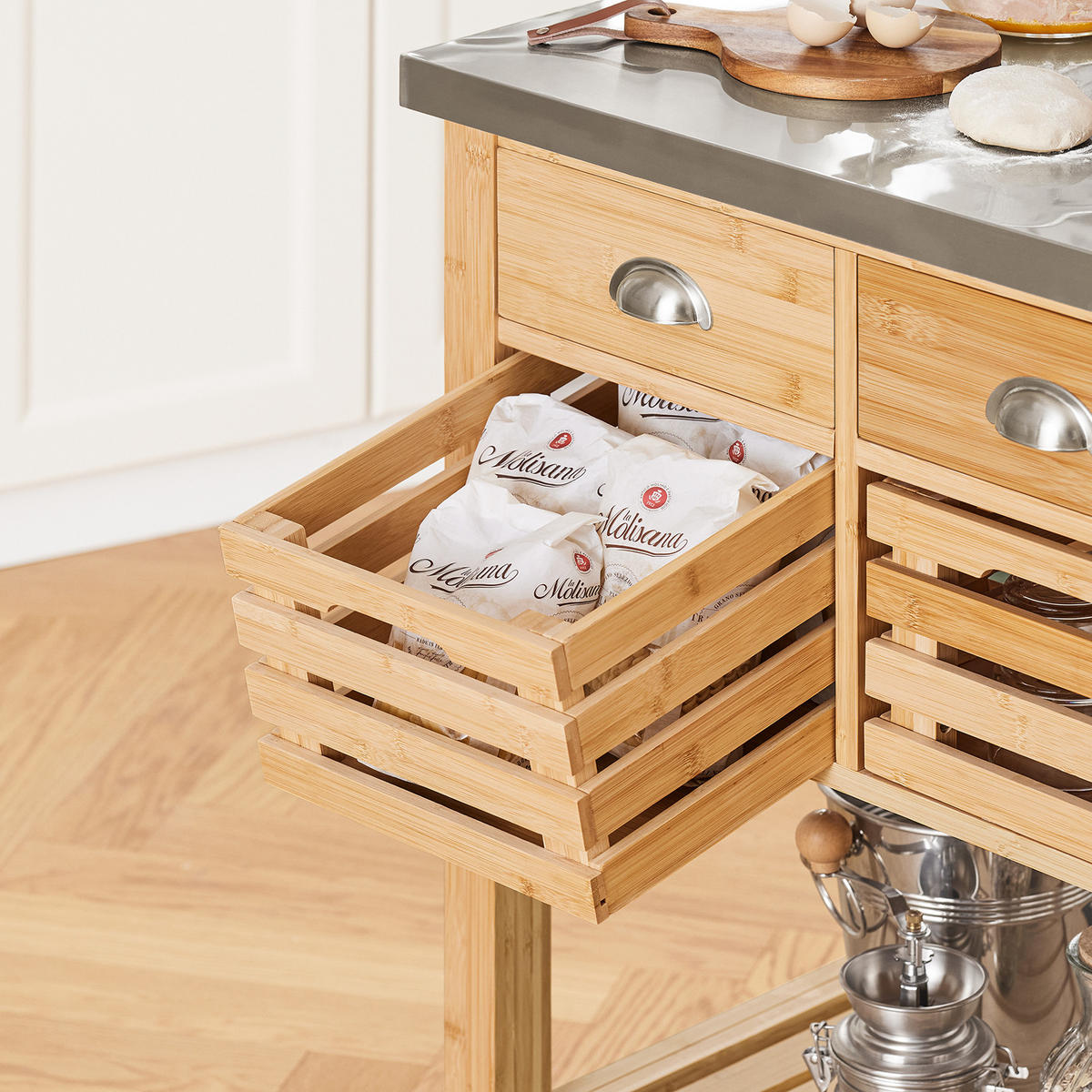KÜCHENWAGEN Bambus Edelstahl - Naturfarben, Holzwerkstoff (73/93/46cm) - SoBuy