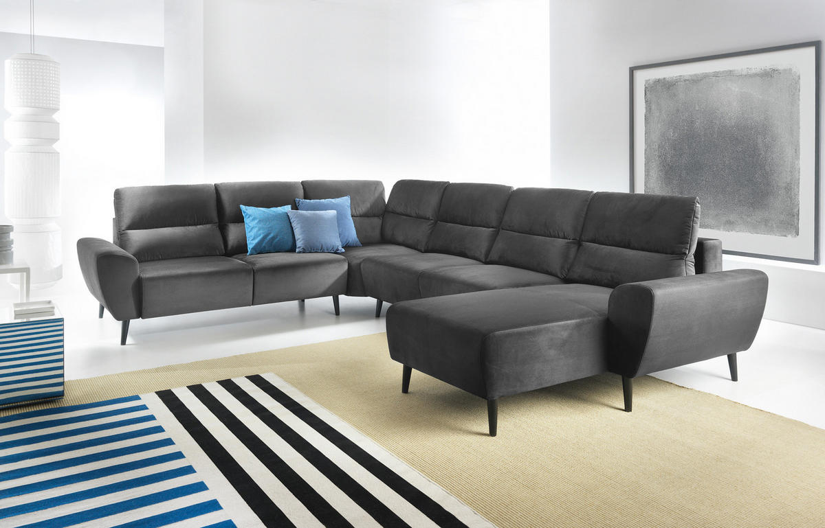ECKSOFA BOSCO U-Form, Monolith-Stoff, freistehend, mit verstellbaren Kopfstützen, Sofa für Familien, Größe: 340x270x98cm, Farbe: Grau - Grau, Holz/Textil (340/270cm) - DomoHome