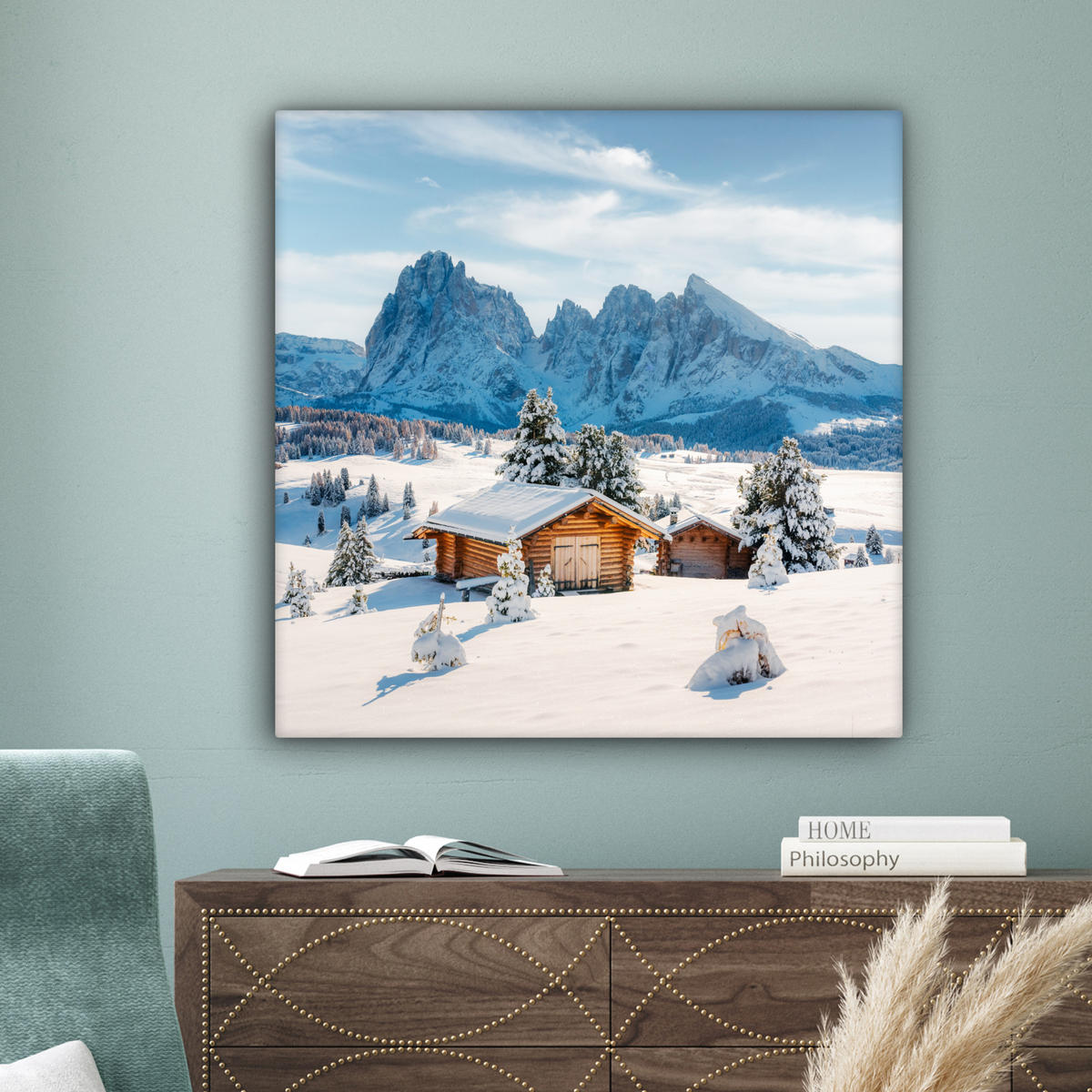 LEINWANDBILD Winter - Hütte - Berge - Aussicht - Schnee Deko Groß 90x90 cm - Eichefarben, Textil (90/90cm) - MuchoWow