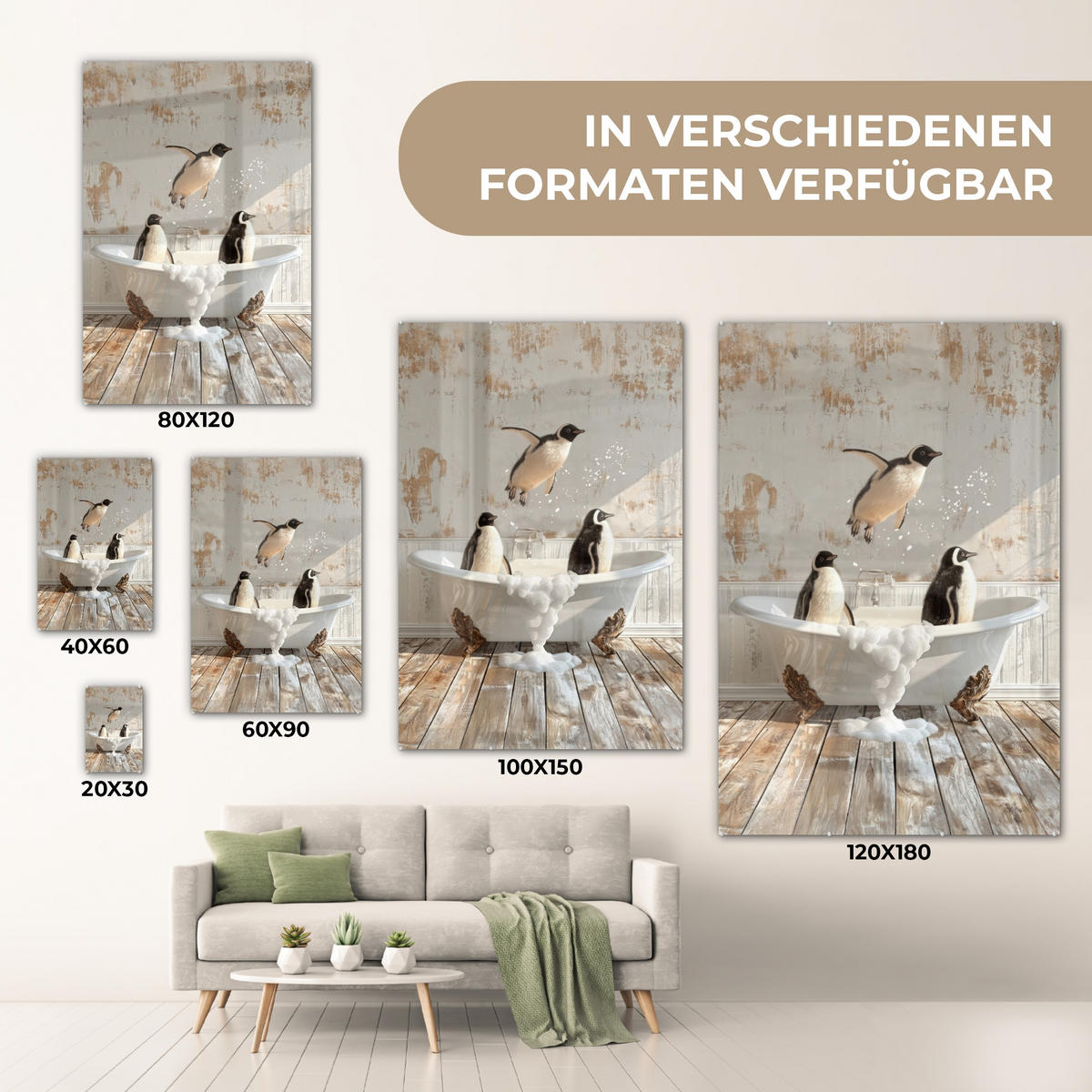 ACRYLGLASBILD Vintage - Pinguin - Badewanne - Schaumstoff 40x60 cm - Schwarz, Glas (40/60cm) - MuchoWow