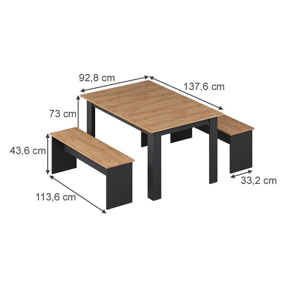 ESSTISCH SET Sentio Anthrazit/Goldkraft Eiche 137.6 x 92.8 cm mit 2 Bänken - Anthrazit, Holzwerkstoff (137.6/73/92.8cm) - Vicco