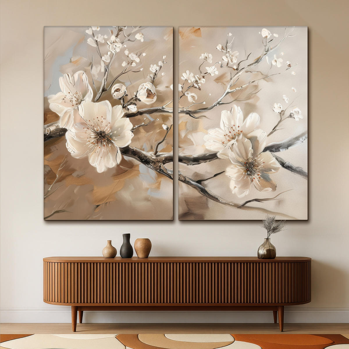 LEINWANDBILD 2er Set Blüte - Beige - Abstrakt - Blumen 240x180 cm - Hellbraun, Textil (240/180cm) - MuchoWow