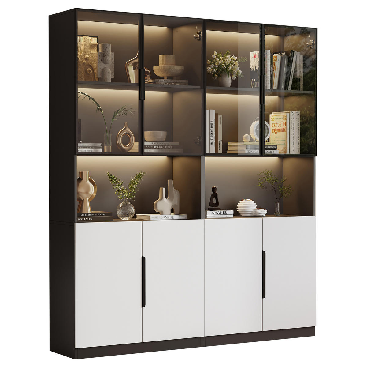 VITRINE 160/30/200 cm in Weiß mit Glastüren und LED-Beleuchtung - Weiß, Holzwerkstoff (30/200/160cm) - Flora Grace