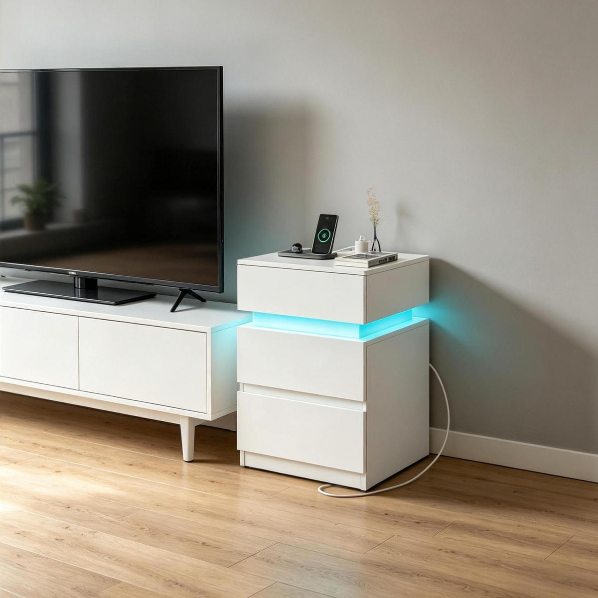 NACHTTISCH-SET 40/35/55 cm in Weiß mit LED-Beleuchtung und USB-Anschlüssen - Weiß, Holzwerkstoff (35/55/40cm) - Flora Grace
