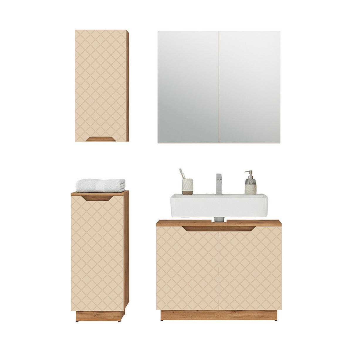 BADMÖBEL-SET Lotta Eiche/Kaschmir mit Kachelstruktur 4 Teile - Kaschmir/Eichefarben, Holzwerkstoff (79.6/62.1/32cm) - Vicco