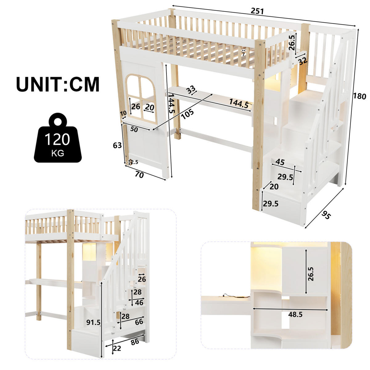 HOCHBETT 90/200 cm in Weiß/Natur – mit Schreibtisch, Ablageleiter und Rausfallschutz - Weiß, Holz (140/200cm) - BEAOK