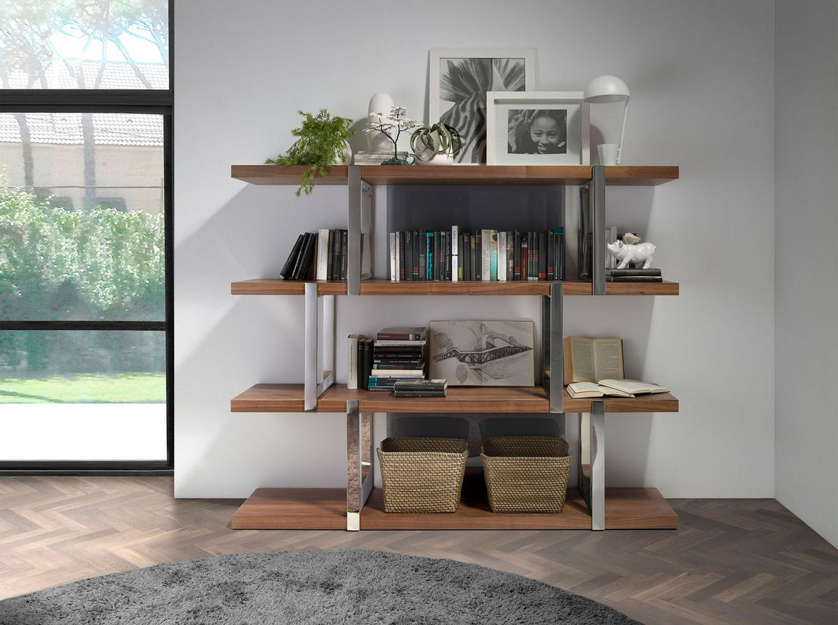 REGAL Bücherregal aus Nussbaumholz mit schwarzen Glasfächern 180/40/146 cm - Edelstahlfarben/Walnussfarben, Holz/Metall (180/146/40cm) - ANGEL CERDA