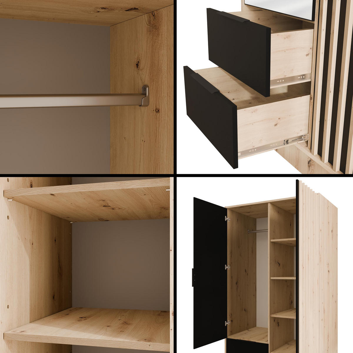 KLEIDERSCHRANK NELIA - 120 cm - Schwarz/Eiche Artisan, Holzwerkstoff (102/200/51cm) - ALTDECOR