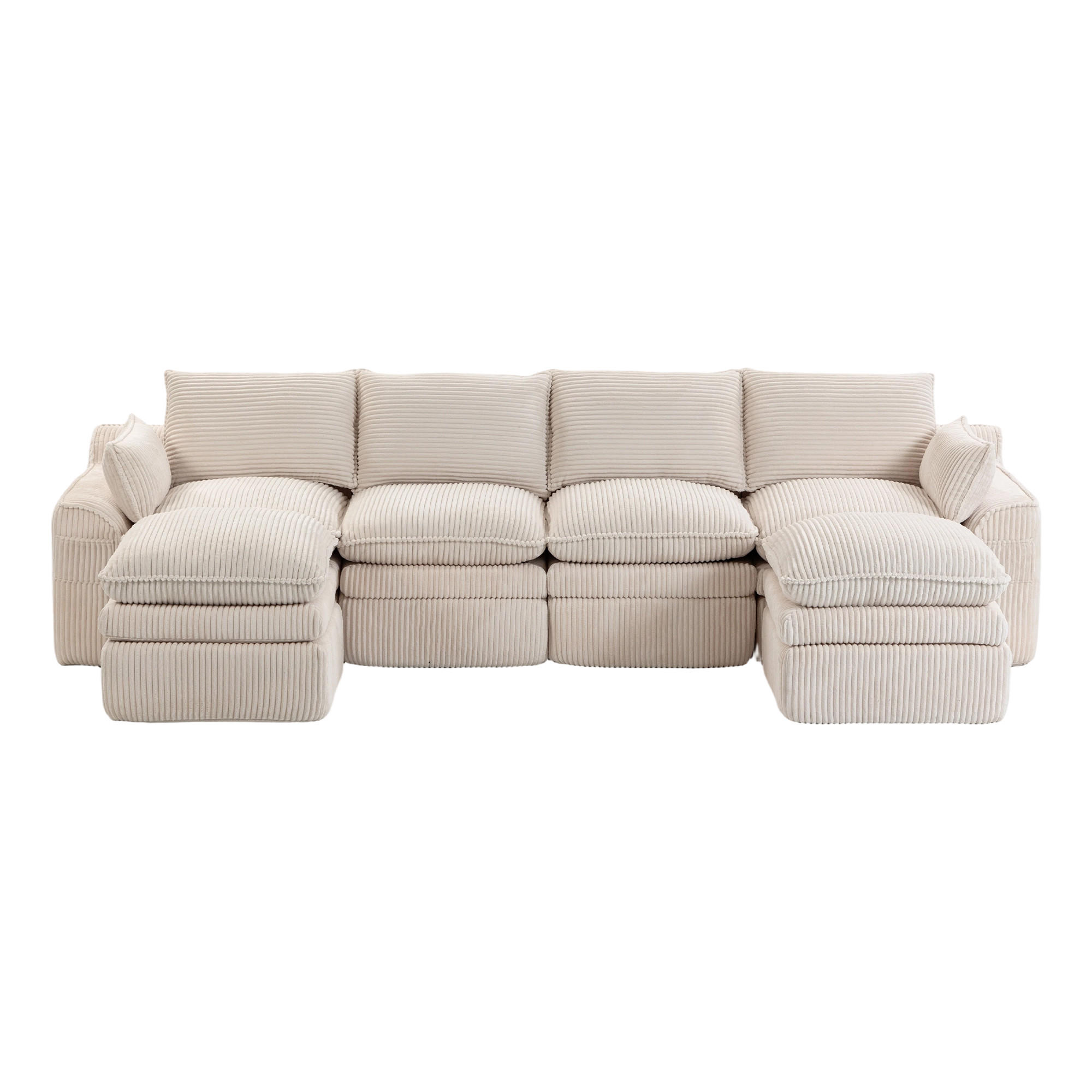 WOHNLANDSCHAFT Cord Beige mit Kissen, Hocker und Seitentaschen - Beige, Textil (335/85/167cm) - WISHDOR