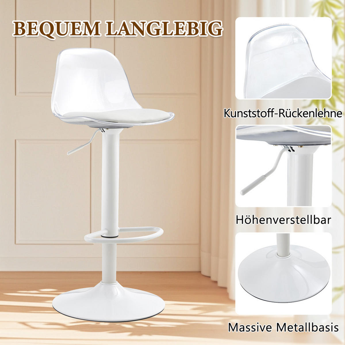 TISCHGRUPPE 3-tlg Glastisch 89 cm mit 2 Barhockern Höhenverstellbar Drehbar - Transparent, Glas/Metall (49.5/50/51cm) - Raelunyi