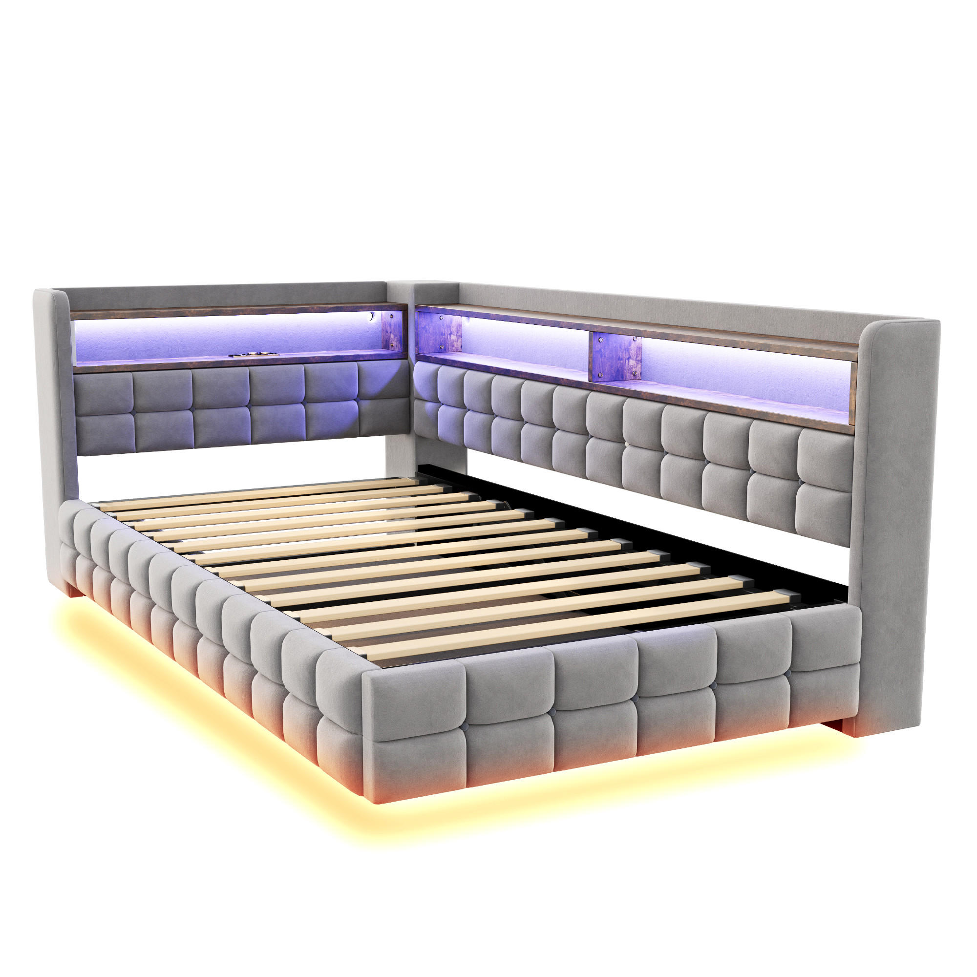 STAURRAUMBETT 90/200 cm DE-02134, in Beige, mit LED, Steckdosen und Holzregal - Hellgrau, Holzwerkstoff (90/200cm) - ComfortXL