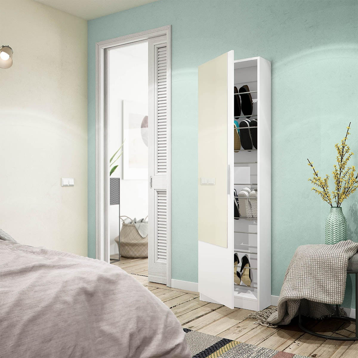 SCHUHSCHRANK, 1 Tür mit Spiegel - H180 cm - Weiß, Holzwerkstoff (22/180/50cm) - Calicosy