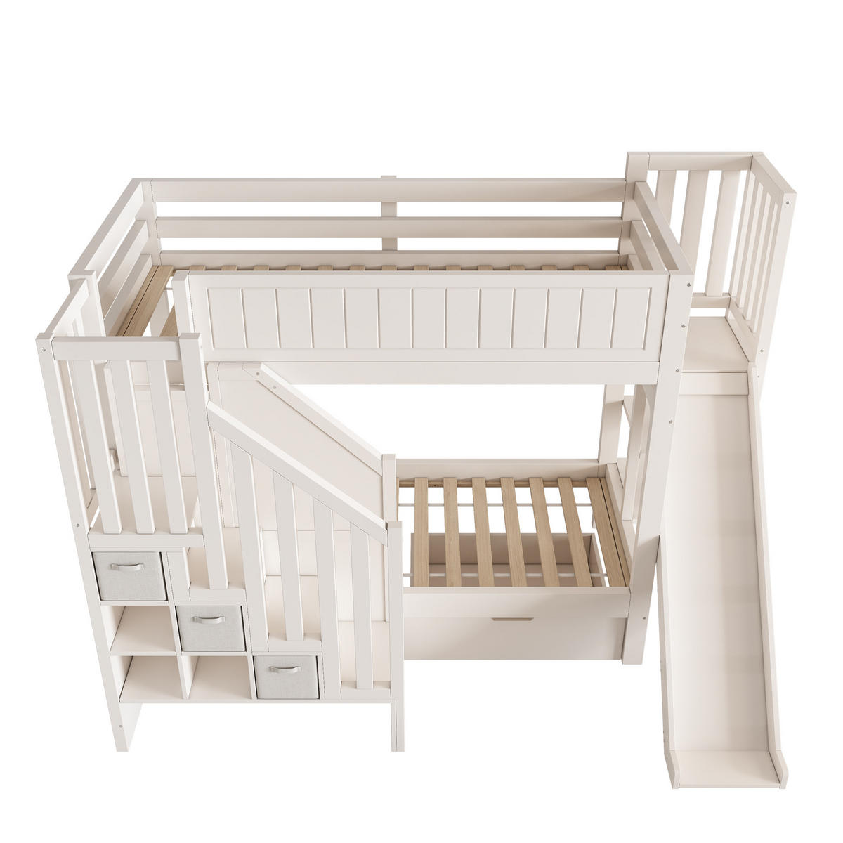 ETAGENBETT 90/200 cm mit Rutsche, Leiterschrank, Regalen und Schubladen, Weiß - Weiß, Holzwerkstoff (90/200cm) - Redom