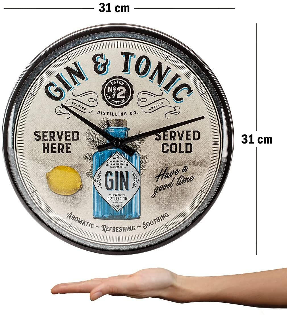 WANDUHR 31 cm Open Bar Gin & Tonic Served Here - Hellgrau, Metall (31/31/5cm) - Nostalgic-Art