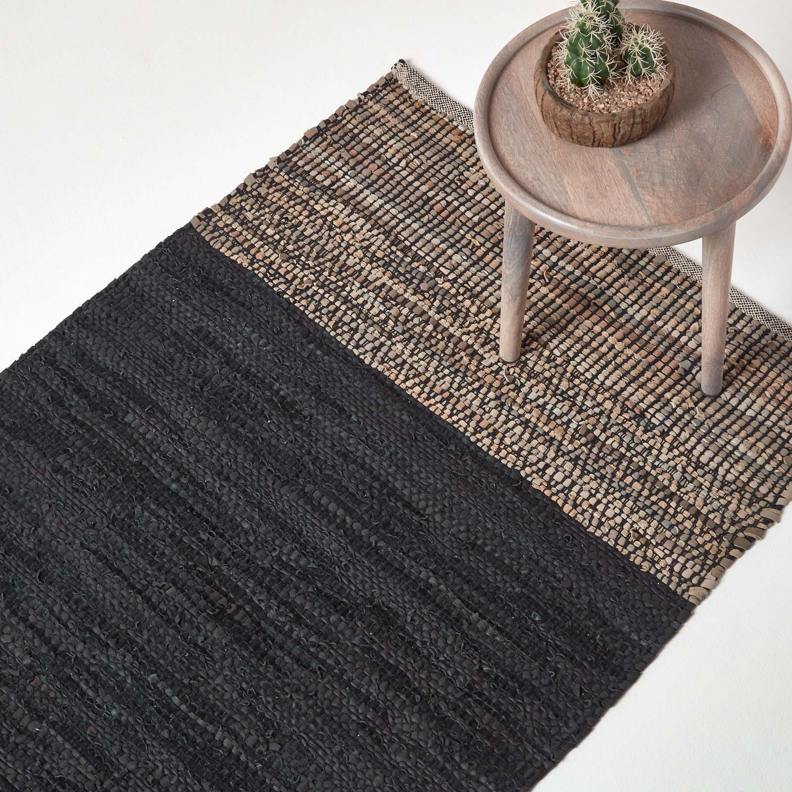 LEDERTEPPICH mit Webmuster 120/180 cm - Schwarz, Leder (120/180cm) - Homescapes