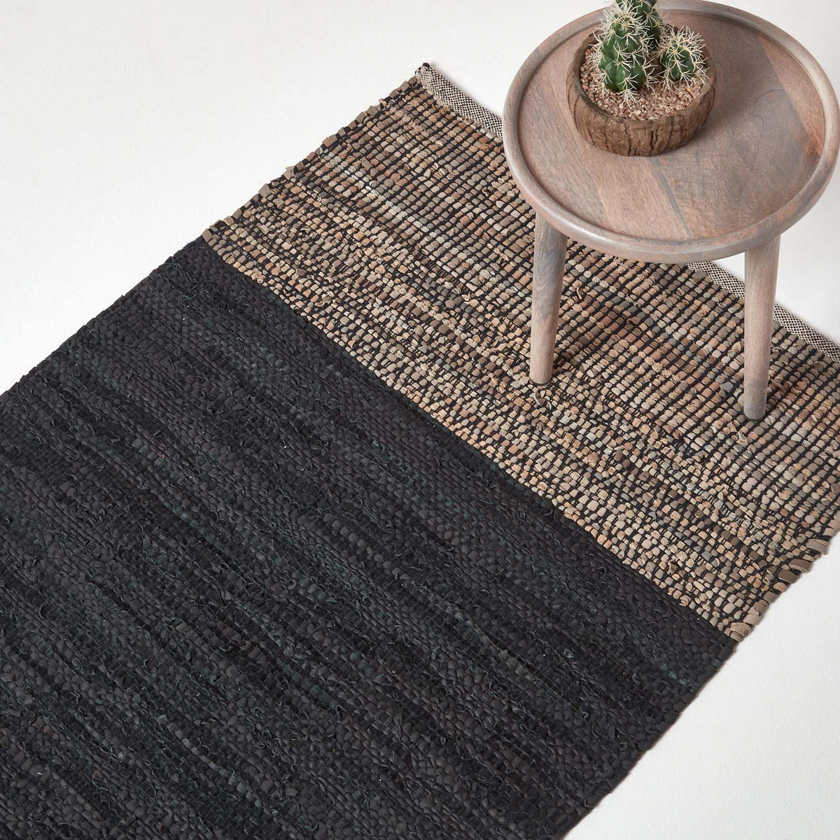 LEDERTEPPICH mit Webmuster 120/180 cm - Schwarz, Leder (120/180cm) - Homescapes