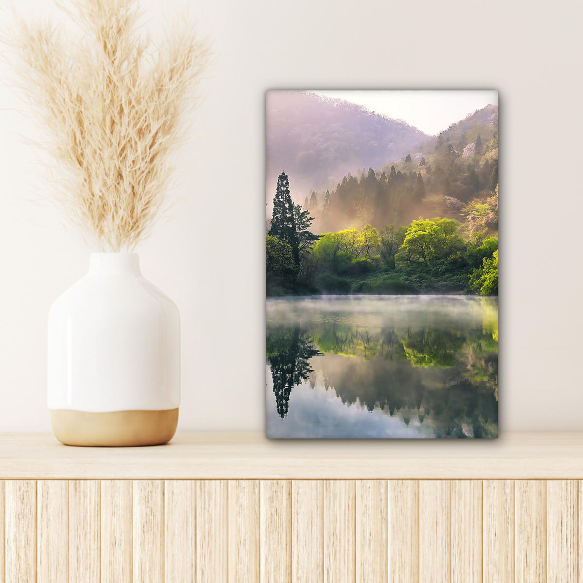 LEINWANDBILD Natur - Bäume - Berge - See - Wasser Deko Wohnzimmer 20x30 cm - Hellgrün, Textil (20/30cm) - MuchoWow