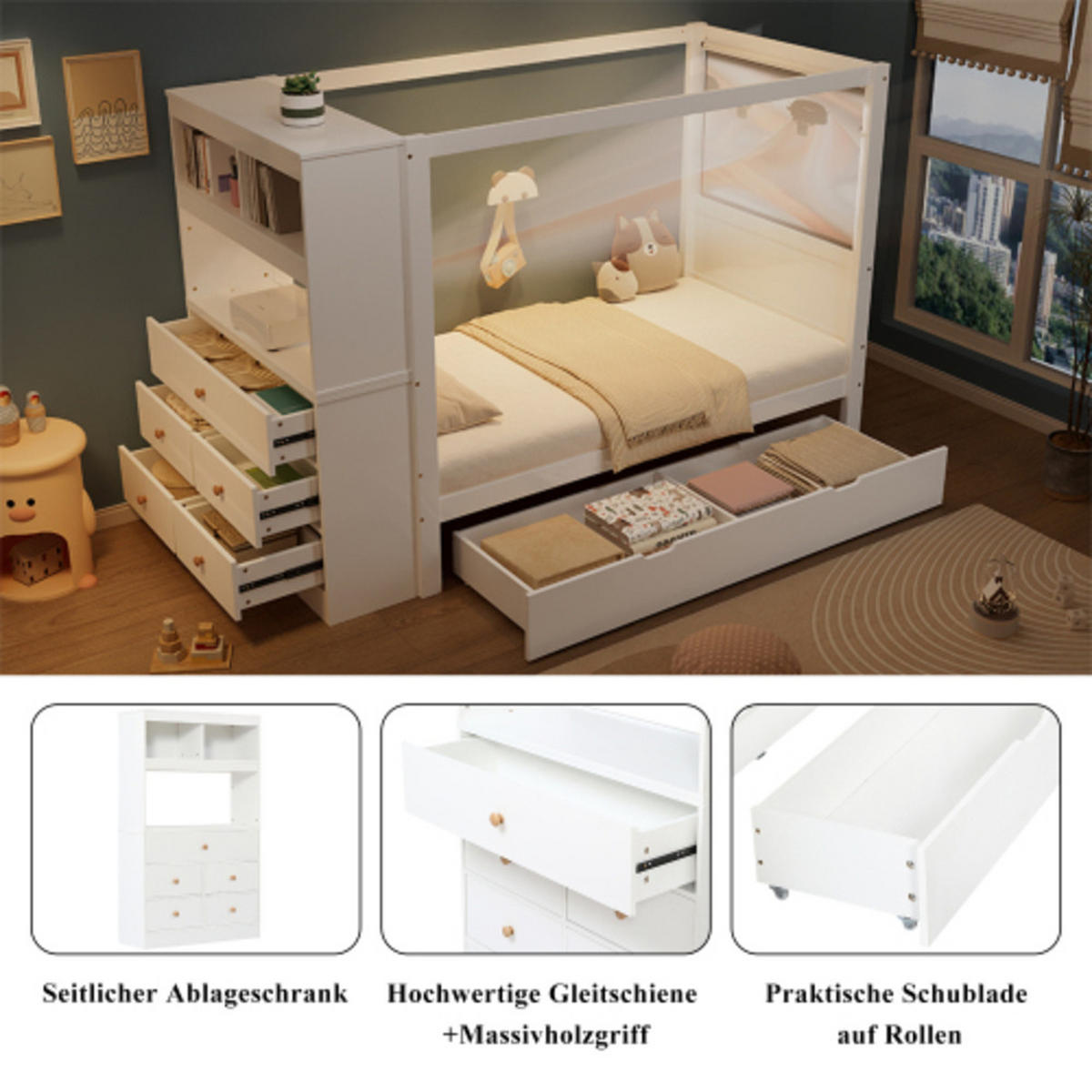 HOCHBETT 90×200 cm aus Massivholz & MDF mit Schubladen und Schreibtischbereich, weiß - Weiß, Holzwerkstoff (90/200cm) - Luhomfu
