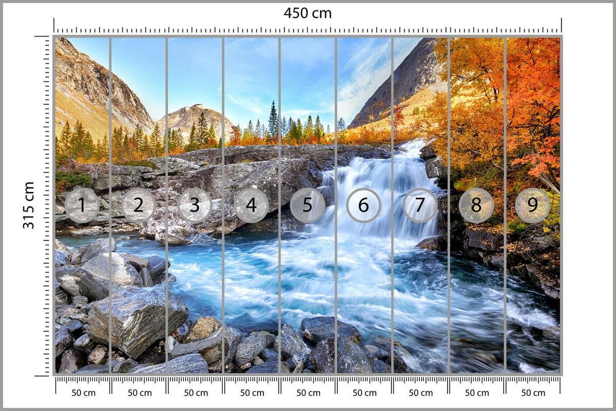 FOTOTAPETE Wasserfall Berge Wald Felsen 3D 450x315 - Blau/Gelb, Papier (450/315cm) - Muralo