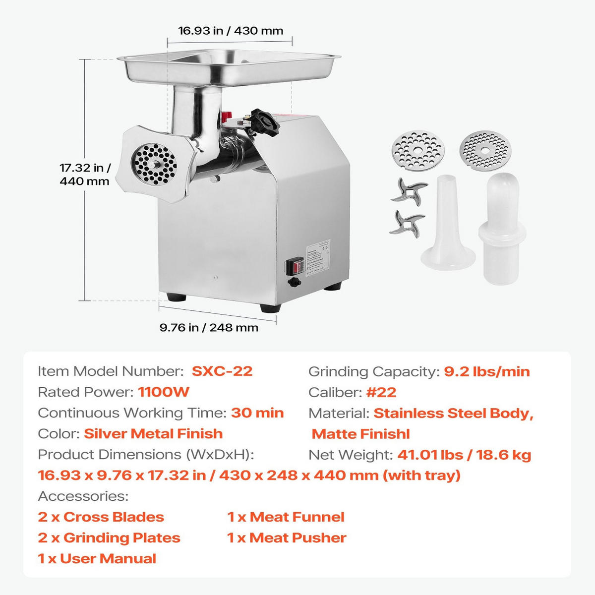 FLEISCHWOLF Gewerblicher Elektrischer, 1100W KUPFERMOTOR, Edelstahl - Silberfarben, Metall (31.01/50.01/46.02cm) - Rolipo