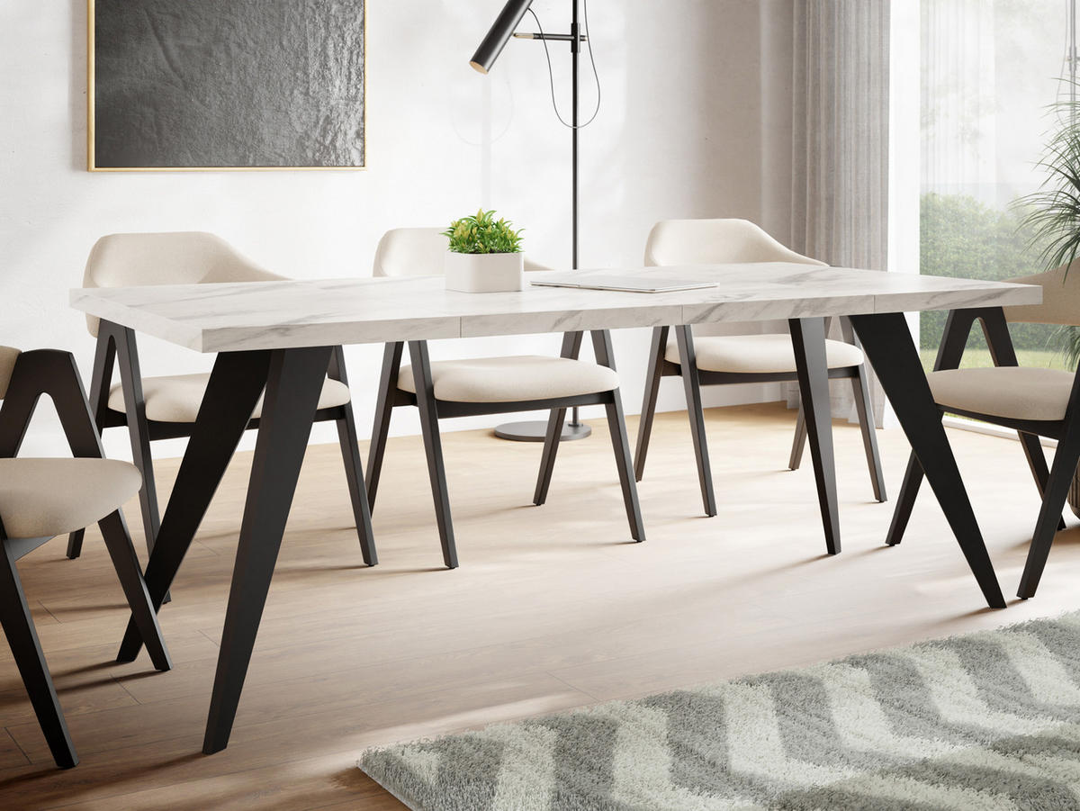 ESSTISCH Quadro quadratischer ausziehbarer, Marmor Weiß 100-200/100/76 cm - Ecru/Schwarz, Holz/Holzwerkstoff (100/100/76cm) - WFL GROUP