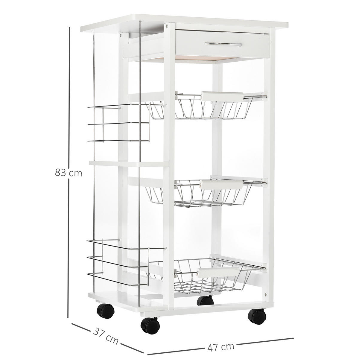 SERVIERWAGEN DE-17093 3 Metallkörbe, Schublade & 2 Flaschenhalter Weiß - Weiß, Holzwerkstoff (37/83/47cm) - ComfortXL