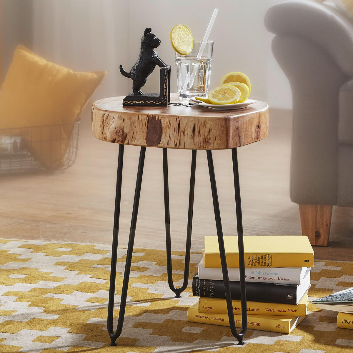 BEISTELLTISCH Massivholz Metallbeine Baumstammoptik BALU, Beige 35x35x45 cm - Beige/Schwarz, Holz/Metall (35/35/45cm) - KADIMA DESIGN