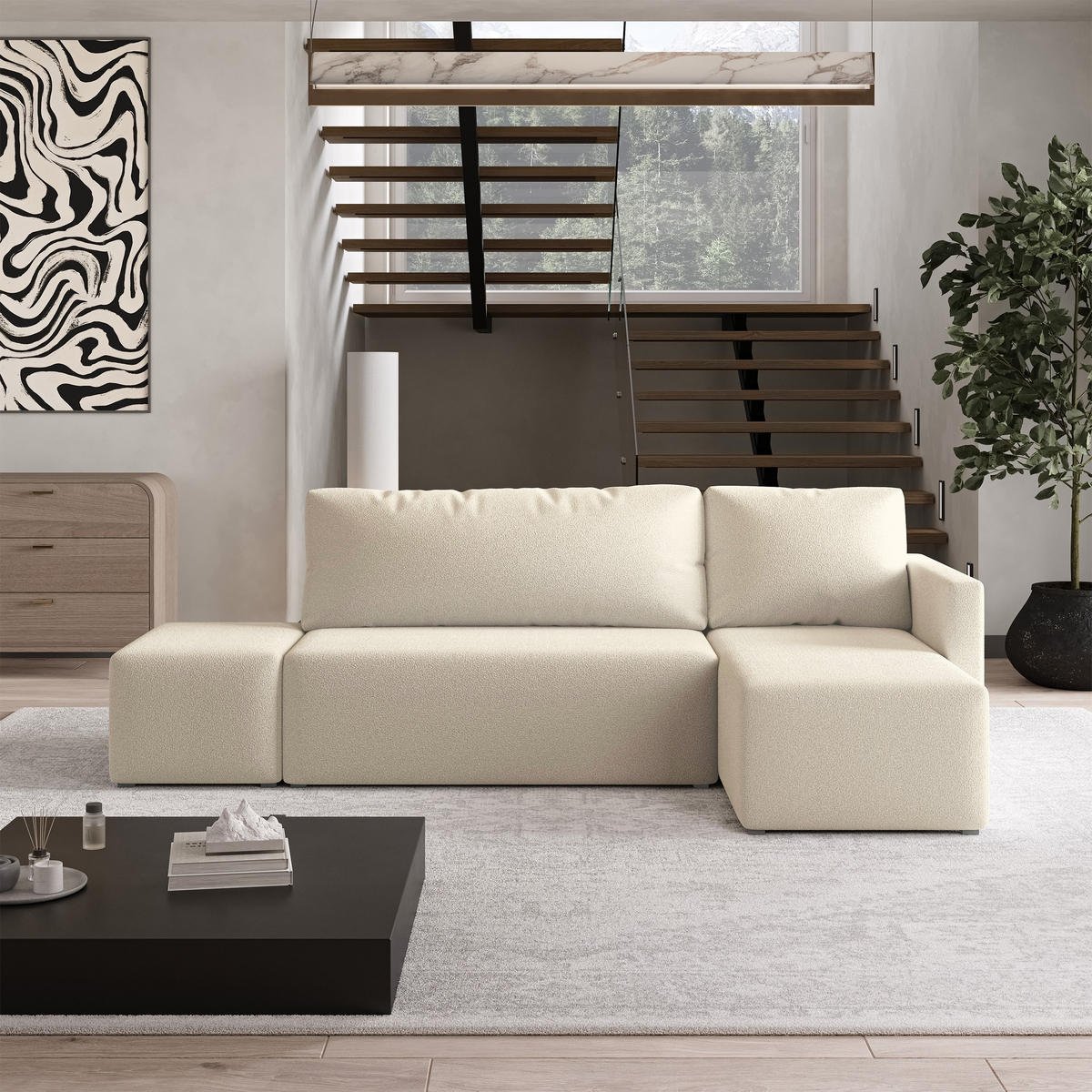ECKSOFA VELOTTI R-S Creme Boucle-Stoff mit Schlaffunktion - Creme, Holz (261/143cm) - MASSENO