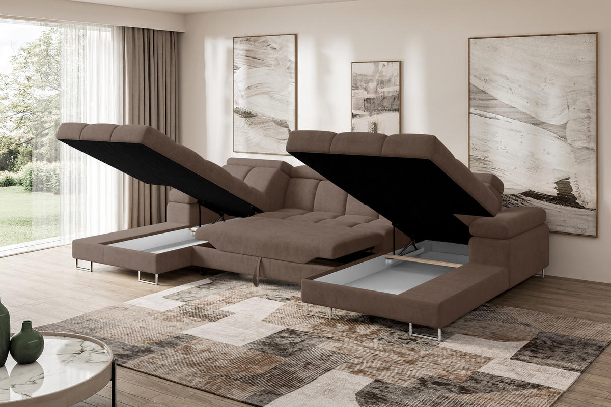 WOHNLANDSCHAFT mit Schlaffunktion und Bettkasten COMA U2 345x203x79 Braun Velours - Braun, Holzwerkstoff/Textil (345/79/203cm) - ALTDECOR