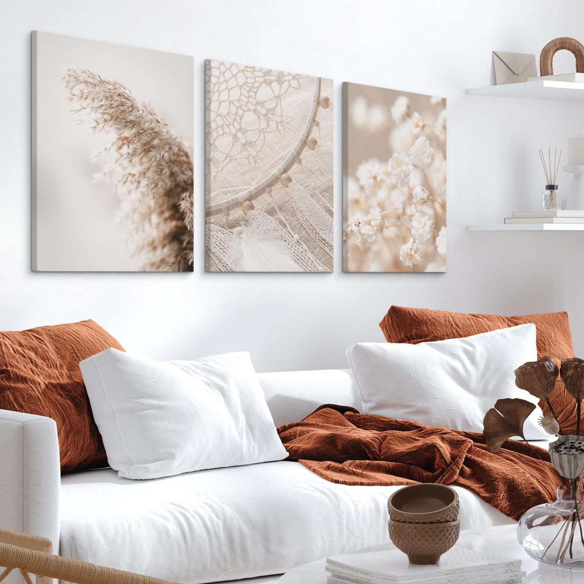 LEINWANDBILDER 3-er Set Pflanzen 3D Boho - Beige/Braun, Textil (90/40cm) - Muralo