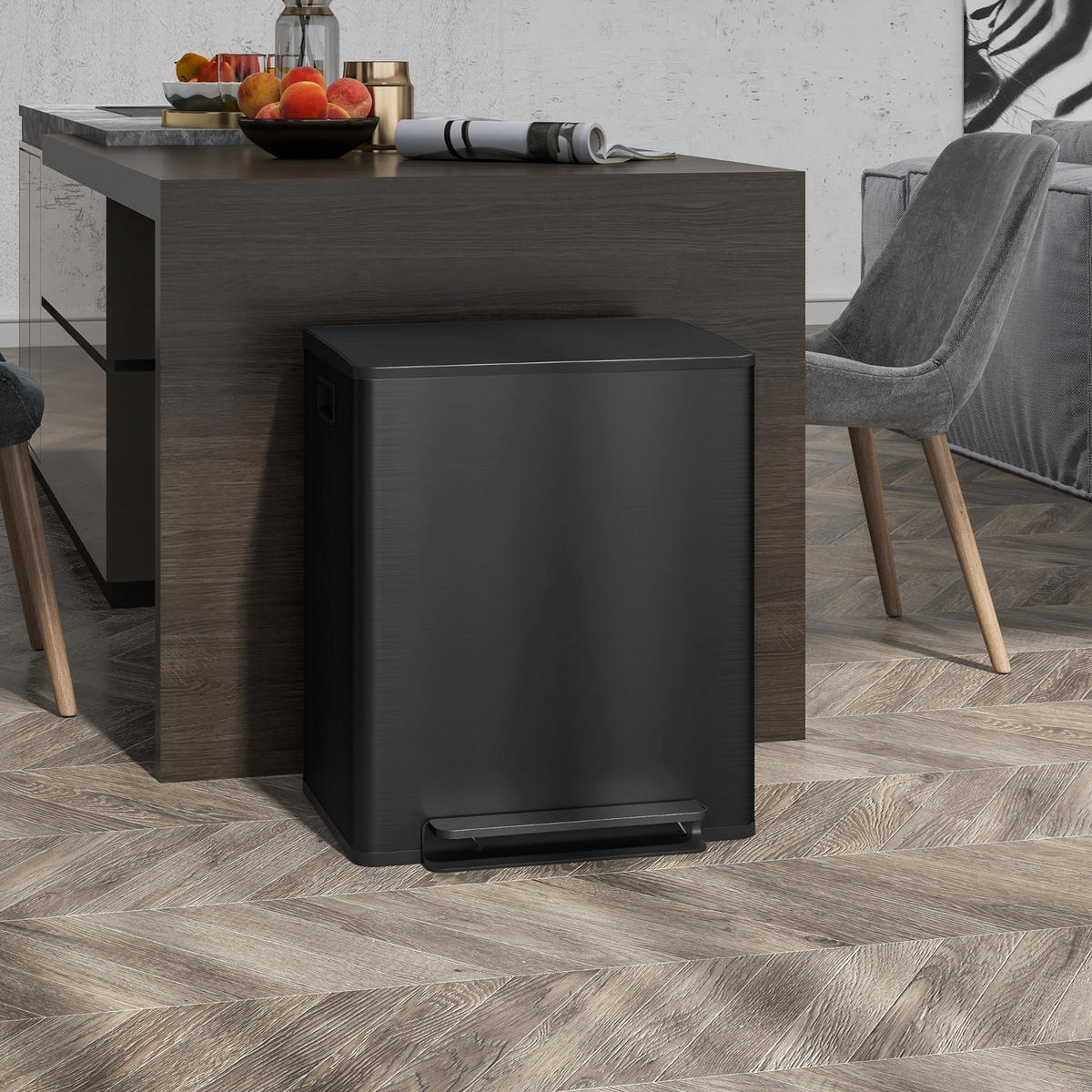 MÜLLTRENNSYSTEM 2 FÄCHER 47,7/37,5/56 cm Edelstahl Schwarz Treteimer 50L - Schwarz, Metall (37.5/56/47.7cm) - Rolipo