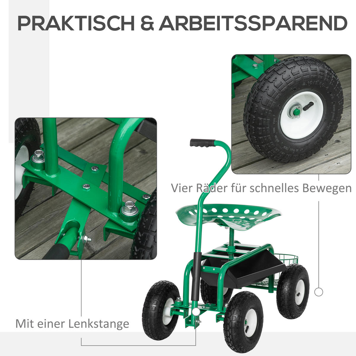 GARTENWAGEN mit Rollsitz bis 150 kg mit Ablage Korb für kleine Gartengeräte - Grün, Metall (45/87/98cm) - Outsunny