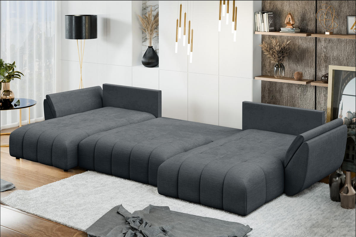WOHNLANDSCHAFT Antalya Grau 382/190/91 cm – Sofa mit Bettfunktion - Schwarz/Grau, Kunststoff/Textil (382/91/190cm) - AX Living