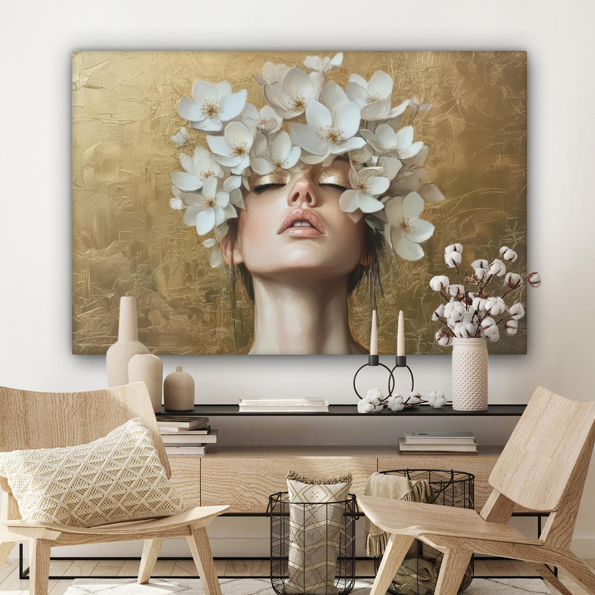 LEINWANDBILD Gesicht - Blumen - Gold - Abstrakt Wohnzimmer Groß 120x80 cm - Goldfarben, Textil (120/80cm) - MuchoWow