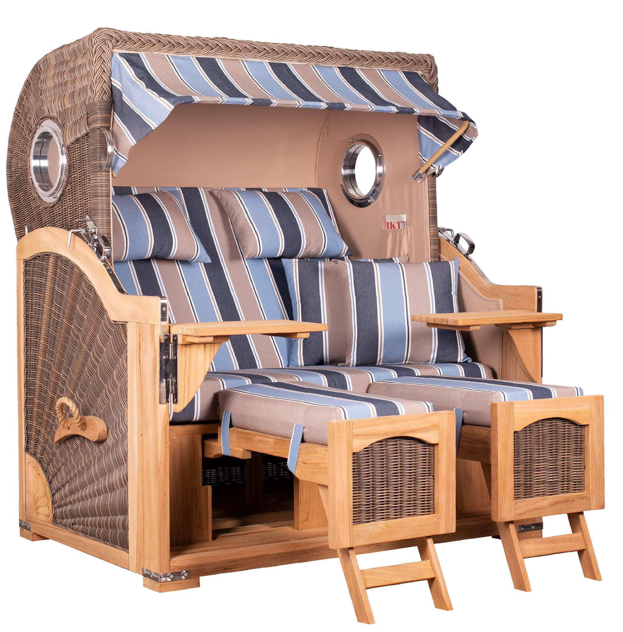 STRANDKORB Düne Grande Bullauge Teak PE Grey Dessin 580 - Blaugrau/Braun, Metall (142/170/95cm) - Mr. Deko