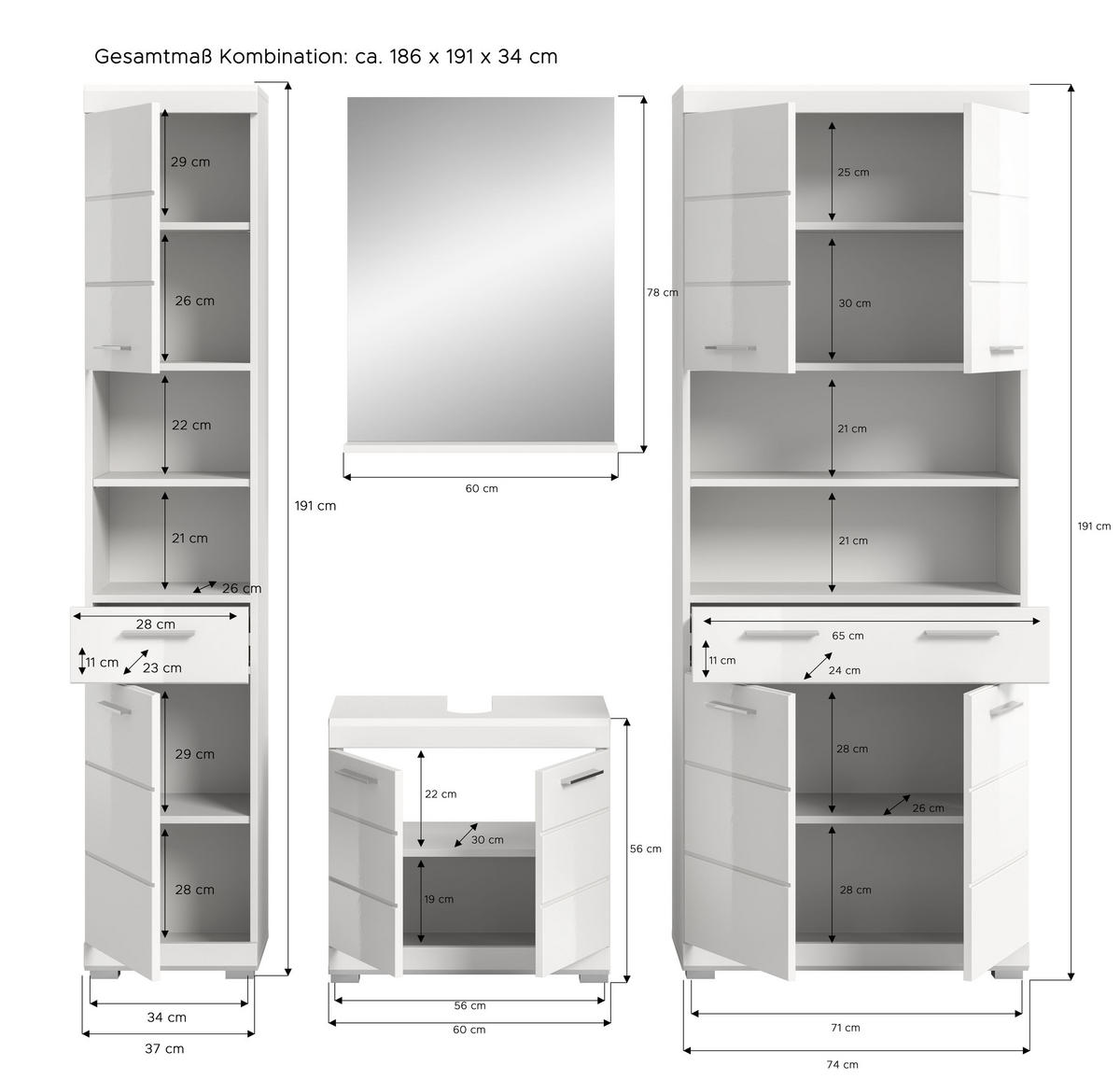 BADKOMBINATION 4tlg. Scout Bad in weiß Nachbildung und weiß hochglanz B/H/T: 186x191x34 cm - Weiß, Holz (186/191/34cm)