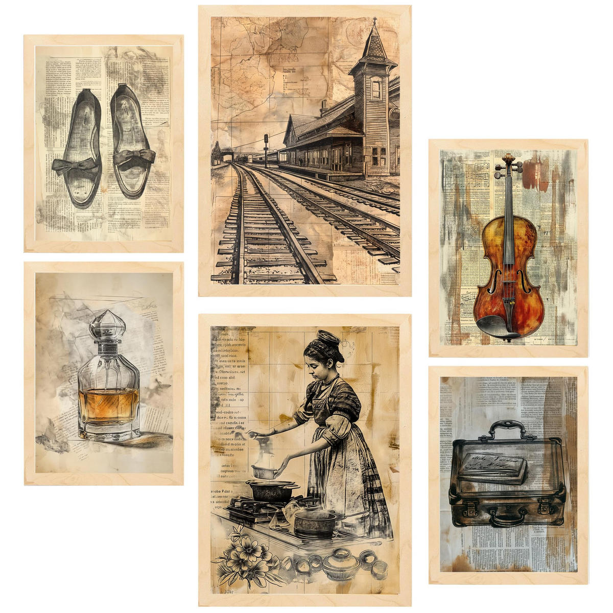 POSTER Set Mit 6 Vintage Frauen Lebensstil A3 & A4 Rahmen Aus Hellem Holz - Beige, Papier (29/3cm) - Nacnic